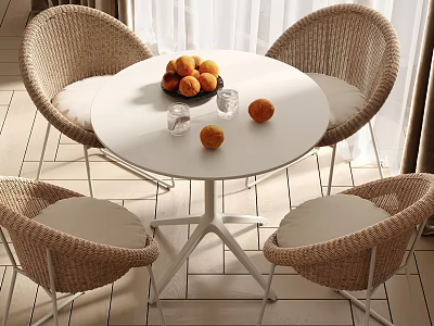 Round White Outdoor Table with Wicker Chairs and Fruit Glasses on Top 3d model