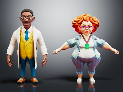Cartoon Male Scientist With Glasses White Coat And Red Haired Female Character In Striped Pants 3d model