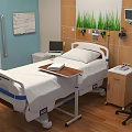 Modern Hospital Room Interior With Wooden Flooring Light Blue Walls Medical Bed Table And Chair