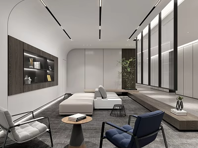 Modern Lounge Area Interior Design With Sofa Chairs Coffee Table Green Plant And Wall Bookshelf 3d model