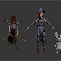 Witch With Cloak And Broomstick With Lamp Standing Next To White Rabbit