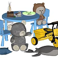 Playful Stuffed Bear And Whale Toys With Blue Table Chair Set Yellow Tricycle