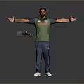 Man In Green Vest Red Text Blue Pants White Sneakers Arms Outstretched Holding Cricket Bat