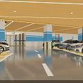 Modern Parking Lot With Well Lit Interior Parked Cars Blue Walls And Wooden Ceiling