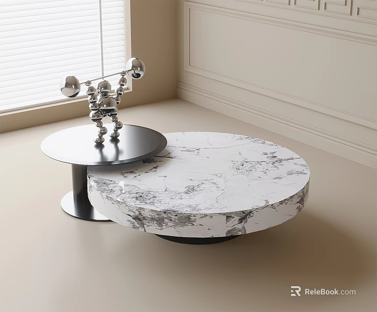 Round Coffee Table With White Marble Top Black Base And Small Side Table Sculpture 3d model