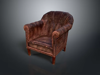 Vintage Brown Leather Armchair With Stitched Backrest Armrests And Wooden Legs 3d model