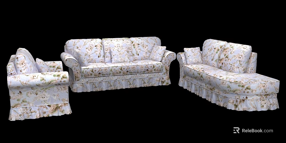 Floral Patterned Light Colored Sofa Set With Ruffled Edges And Matching Armchairs 3d model 