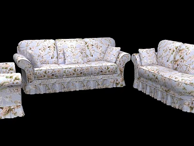 Floral Patterned Light Colored Sofa Set With Ruffled Edges And Matching Armchairs 3d model