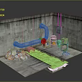 Industrial Indoor Space With Concrete Walls Pink Pipes Trash Bags Green Mat And Warning Barrels