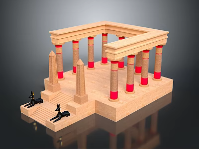 Scenic Ancient Egyptian Architectural Landscape With Columns Red Bases Black Statues And Obelisks 3d model