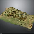 Miniature Scene Construction Model With Green Grass Earth And Vintage Yellow Cart