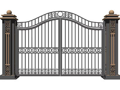 Ornate Wrought Iron Double Gate With Intricate Patterns And Decorative Side Pillars 3d model