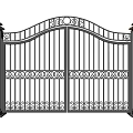Ornate Wrought Iron Double Gate With Intricate Patterns And Decorative Side Pillars