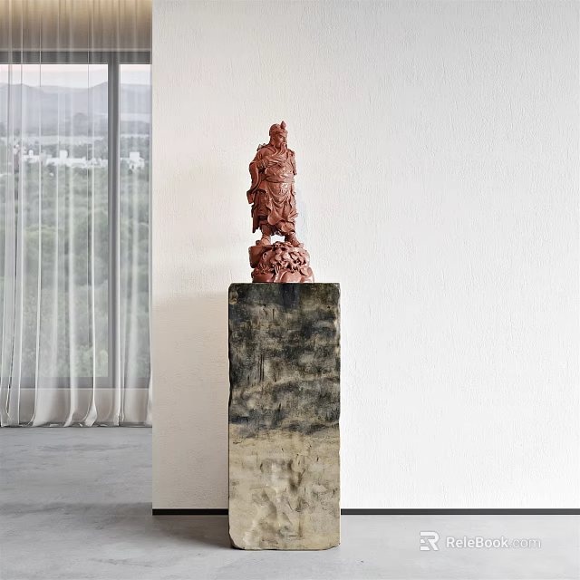 Red Warrior Sculpture Carving On Textured Black Grey Pedestal With White Wall And Window View 3d model 