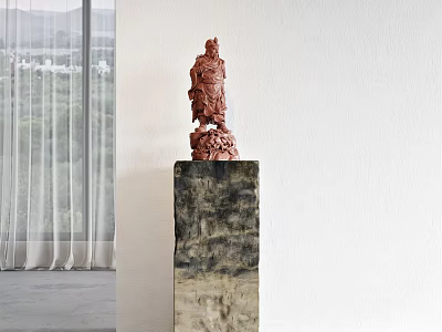 Red Warrior Sculpture Carving On Textured Black Grey Pedestal With White Wall And Window View 3d model