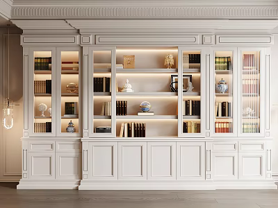 Elegant White Bookcase Interior Design With Glass Doors Books Decorations 3d model