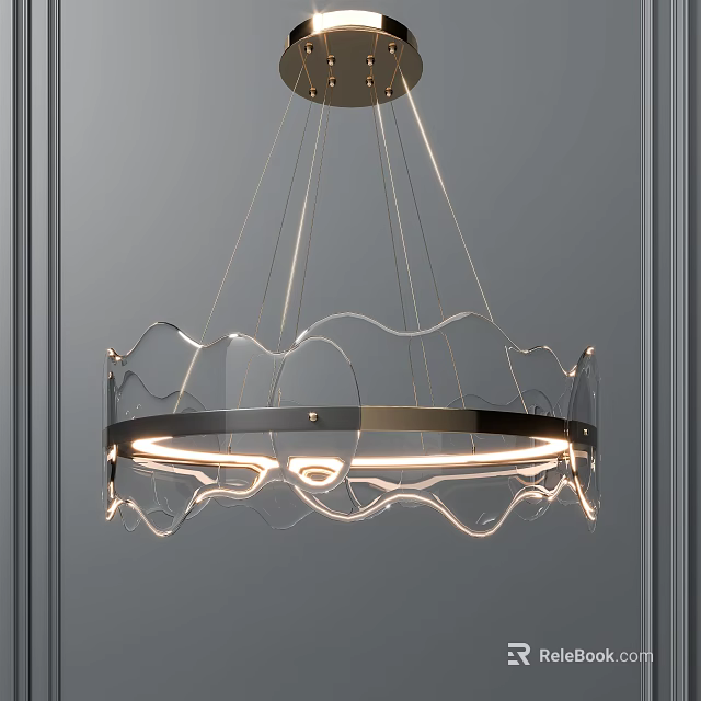 Modern Transparent Chandelier with Wavy Acrylic Shade and Illuminated Metal Frame 3d model 