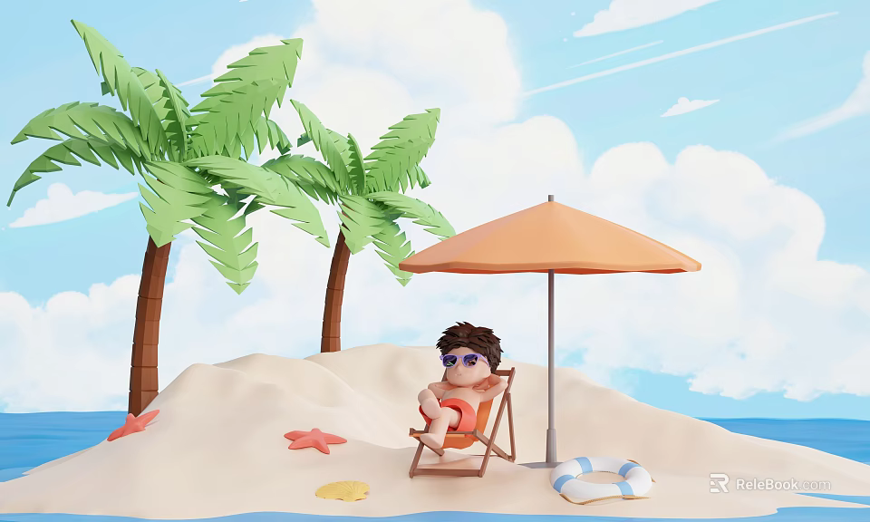 Cartoon Beach Scene With Palm Trees Orange Umbrella Person In Chair Starfish Lifebuoy On Sand 3d model