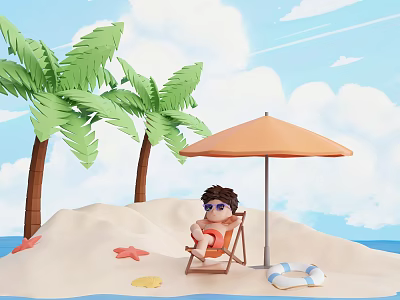Cartoon Beach Scene With Palm Trees Orange Umbrella Person In Chair Starfish Lifebuoy On Sand 3d model