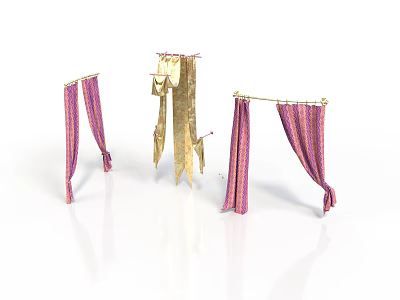 Decorative Curtain Components With Pink Striped And Gold Fabric Designs 3d model