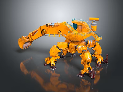 Yellow Multi legged Mechanical Industrial Robot With Excavator Arm And Control Cabin Design 3d model