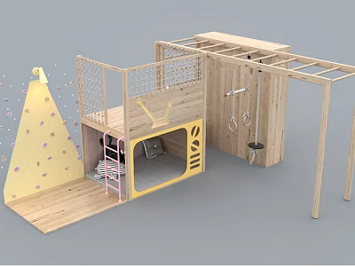 Playful Wooden Bunk Bed with Climbing Wall Ladder and Rings in Kids Room Design 3d model