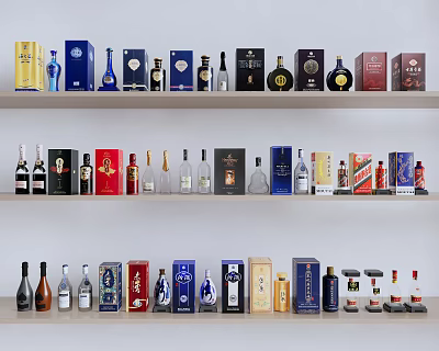 Assorted Wine Bottles And Glasses Displayed On Shelves With Colorful Packaging And Labels 3d model