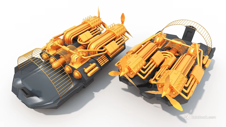 Golden Steampunk Art Installation Featuring Intricate Mechanical Structures With Propellers Pipes And Metallic Frames 3d model