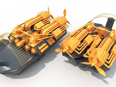 Golden Steampunk Art Installation Featuring Intricate Mechanical Structures With Propellers Pipes And Metallic Frames 3d model