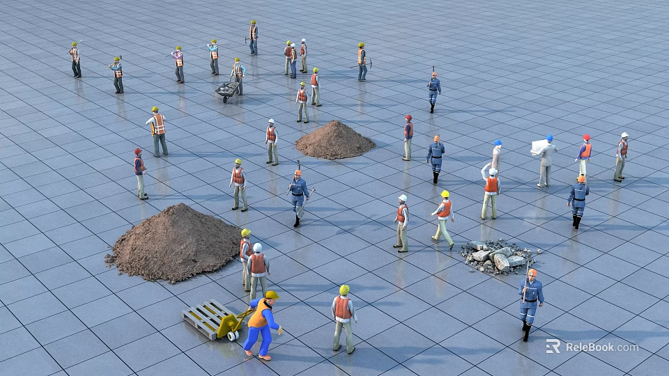 Construction Workers Working At Construction Site With Sand Piles Tools And Safety Gear 3d model 