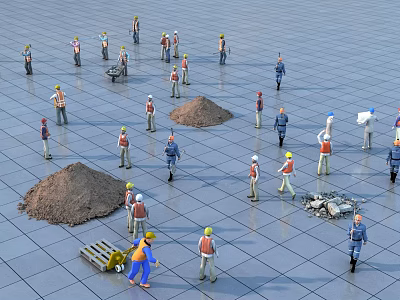 Construction Workers Working At Construction Site With Sand Piles Tools And Safety Gear 3d model