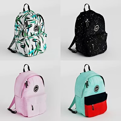 Trendy Assorted Design Backpacks With Leaf Print Black Spots Pink And Green Stripe Patterns 3d model
