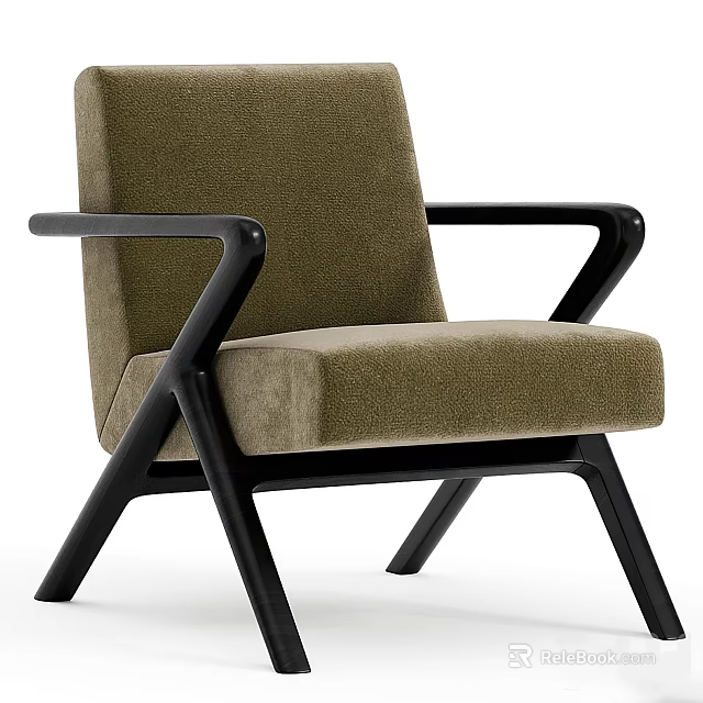Olive Green Accent Chair with Fabric Upholstery and Black Wooden Frame in Modern Minimalist Style 3d model 