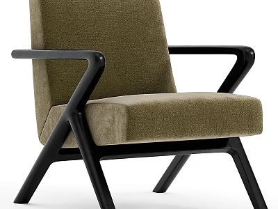 Olive Green Accent Chair with Fabric Upholstery and Black Wooden Frame in Modern Minimalist Style 3d model
