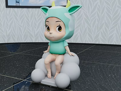 Cute Cartoon Baby In Light Green Horned Costume Sitting On White Spheres With Leaf Patterned Gray Wall 3d model