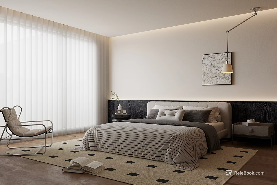 Modern Bedroom Interior Design With Striped Bed Pillows Black White Rug And Window Curtains 3d model 