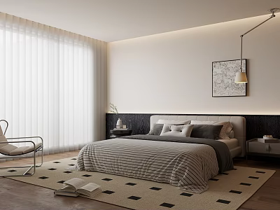 Modern Bedroom Interior Design With Striped Bed Pillows Black White Rug And Window Curtains 3d model