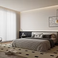 Modern Bedroom Interior Design With Striped Bed Pillows Black White Rug And Window Curtains