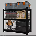Industrial Garage Shelving Unit with Gray Buckets Oil Bottles Stacked Tires and Vacuum Tool