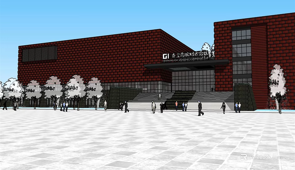 National Museum of China Red Brick Building Exterior With Plaza And People Walking 3d model 