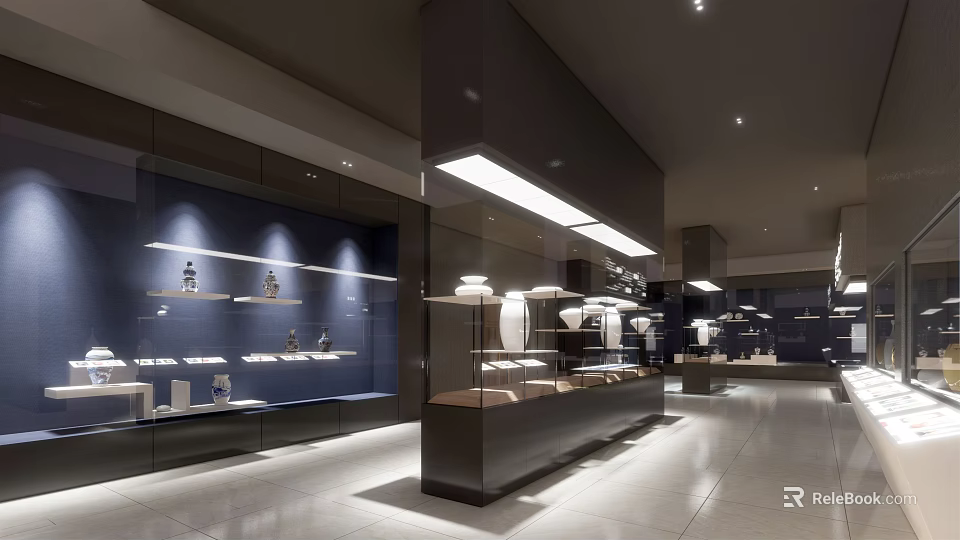 Elegant Modern Exhibition Hall Interior Design With Glass Display Cabinets And Ceiling Lighting 3d model 