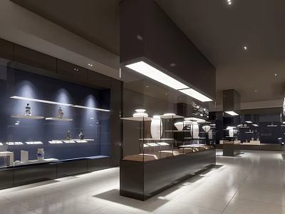 Elegant Modern Exhibition Hall Interior Design With Glass Display Cabinets And Ceiling Lighting 3d model