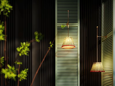 Elegant Wall Lamps With Rattan Shades Illuminating Green Louvered Walls And Green Plants 3d model
