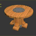 Orange Round Wooden Table With Blue Center And Carved Legs Design