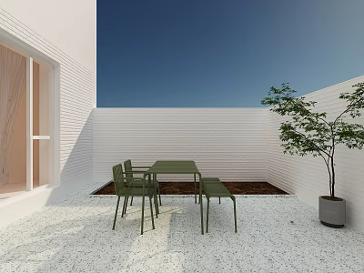 Green Outdoor Chairs With Table Set On Gravel Patio By White Wall And Small Tree 3d model