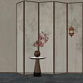 Traditional Chinese Bamboo Pattern Screen With Decorative Vase And Hanging Lantern Light 3d model