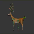 Orange Deer With Branches Green Leaves Red Flowers And Green Leaf Decorations Against Gray Background