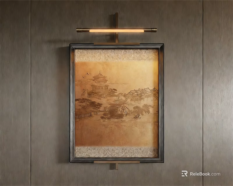 Abstract Painting With Wooden Frame Hanging On Textured Wall And Lighting 3d model 