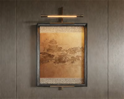 Abstract Painting With Wooden Frame Hanging On Textured Wall And Lighting 3d model