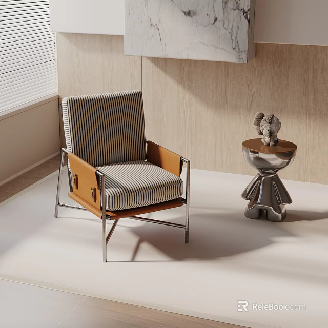 Modern Striped Leisure Chair With Metal Frame Wooden Armrests And Side Table 3d model 